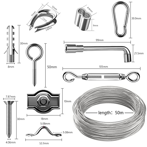 Frientool 50m tensor cuerda tendedero Φ2mm tensores para cables,kit cable acero,tensores para toldos,tensores para cables.Viene con abrazadera de cable y tensor.