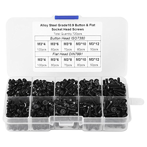 FTVOGUE 720pcs Cabeza de ZóCalo Hexagonal M3 * 4/6/8/10/12 Pernos de Cabeza Plana de Acero de AleacióN Negro Tornillos Tuercas Con Caja de PláStico