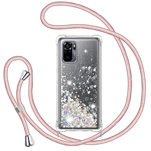 Funda con Cuerda para Xiaomi Redmi Note 10 4G/Redmi Note 10S, Carcasa Glitter Transparente Silicona Protección Case con Ajustable Correa de Cuello Cadena Cordón, Caso de Arena movediza in Oro Rosa