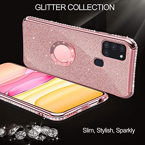 Funda para Samsung Galaxy A21S, Brillantina Funda con Soporte de Anillo Giratorio de 360 Grados, Diamantes Glitter Fundas Carcasa, Ultra Slim Soft TPU Cover Anti-Rasguños Protectora Case - Rosa