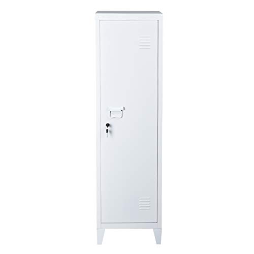 FURNITURE-R France Armario de metal con puertas con cierre de llave, 3 compartimentos interiores, 38,5 x 38,5 x 138 cm, color blanco