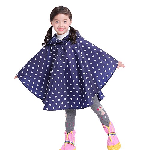 Gaga city Poncho de Lluvia Niña, Unisex Impermeable Niños con Capucha Abrigos Bebe Niña Punto azul y blanco/L