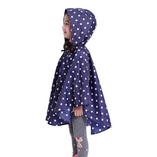 Gaga city Poncho de Lluvia Niña, Unisex Impermeable Niños con Capucha Abrigos Bebe Niña Punto azul y blanco/L