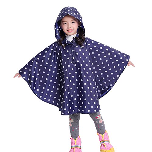 Gaga city Poncho de Lluvia Niña, Unisex Impermeable Niños con Capucha Abrigos Bebe Niña Punto azul y blanco/L