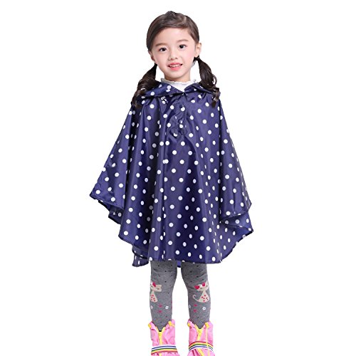 Gaga city Poncho de Lluvia Niña, Unisex Impermeable Niños con Capucha Abrigos Bebe Niña Punto azul y blanco/L