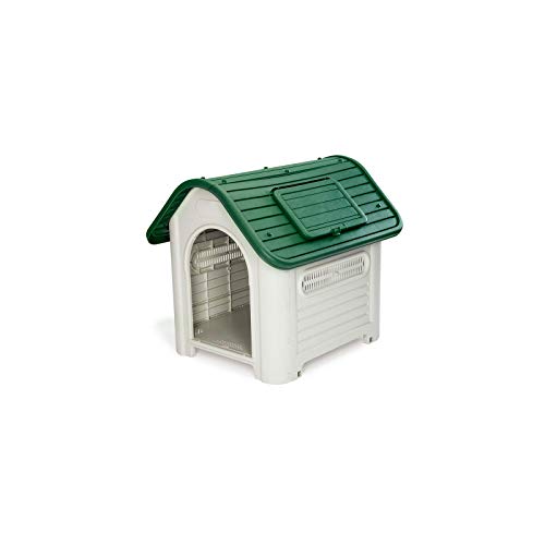 GARDIUN KZT1007 - Caseta de Perro Dakota Resina 87x72x75 cm Diseño Beige y Verde con Rejilla de Ventilación Lateral para Perros Medianos con Suelo Elevado y Ventana