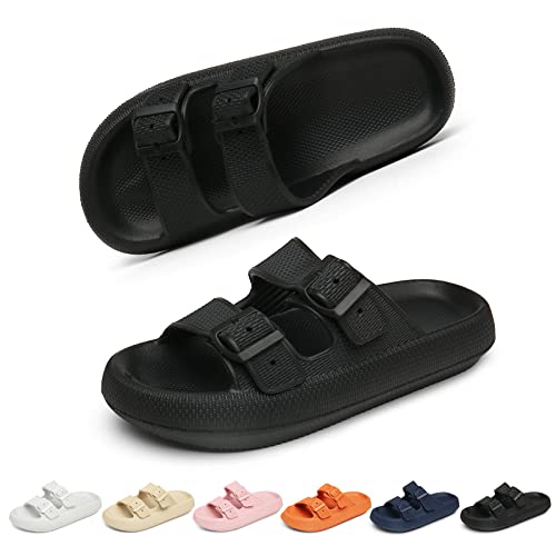 Geweo Zapatilla de Baño Chancletas Mujer Hombr Zapatillas Casa Verano Zapatos de Playa y Piscina Antideslizantes Interior Exterior Chanclas Ajustable doble hebilla Sandalias Unisex Negro 39/40EU