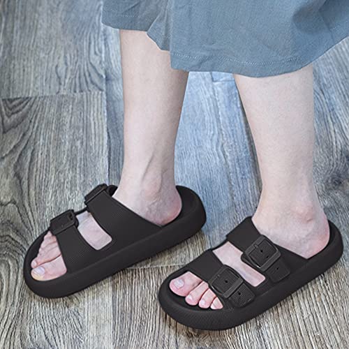 Geweo Zapatilla de Baño Chancletas Mujer Hombr Zapatillas Casa Verano Zapatos de Playa y Piscina Antideslizantes Interior Exterior Chanclas Ajustable doble hebilla Sandalias Unisex Negro 39/40EU