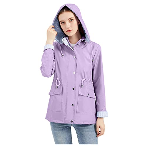 Ghemdilmn Chubasquero transpirable para mujer, chaqueta cortavientos, chaqueta impermeable con cordón, chaqueta deportiva, morado, M