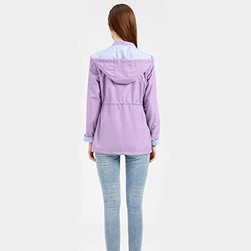 Ghemdilmn Chubasquero transpirable para mujer, chaqueta cortavientos, chaqueta impermeable con cordón, chaqueta deportiva, morado, M