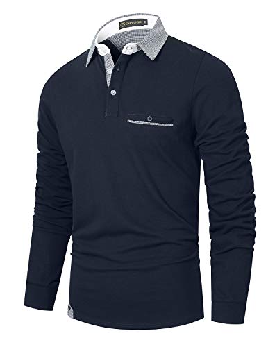 GHYUGR Polo Hombre Manga Larga Camiseta Deporte Clásico Elegante Cuadros Cuello T-Shirt,Azul Marino,L