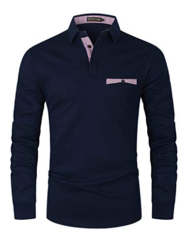 GHYUGR Polo Hombre Manga Larga Camiseta Deporte Clásico Elegante Cuadros Cuello T-Shirt,Z-Azul,L