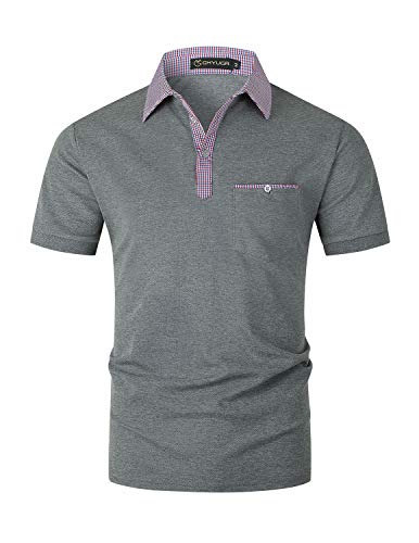 GHYUGR Polos Manga Corta Hombre con Bolsillo Algodón Ropa de Trabajo Cuello con Costuras a Cuadros Camisetas Camisia de Verano,Gris 2,XL