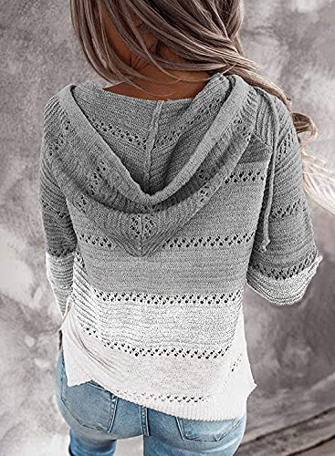 GRMLRPT Sudaderas con Capucha para Mujer Manga Larga Punto Suéter Chaqueta Talla Grande Cárdigan Hoodie Suelto Cordón Rayas Sweatshirt Cuello en V Blusa