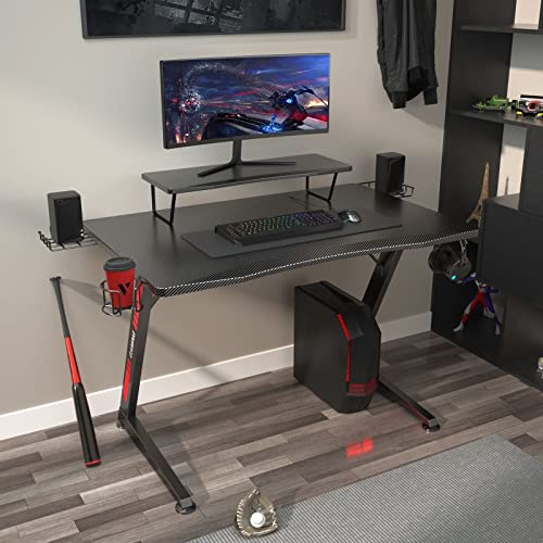 GTPLAYER Mesa Gaming con Soporte de Monitor PC Ordenador para Jugadores Estilo de Carreras de Juegos Profesional en Forma de Z con Soporte para Tableta y Portavasos