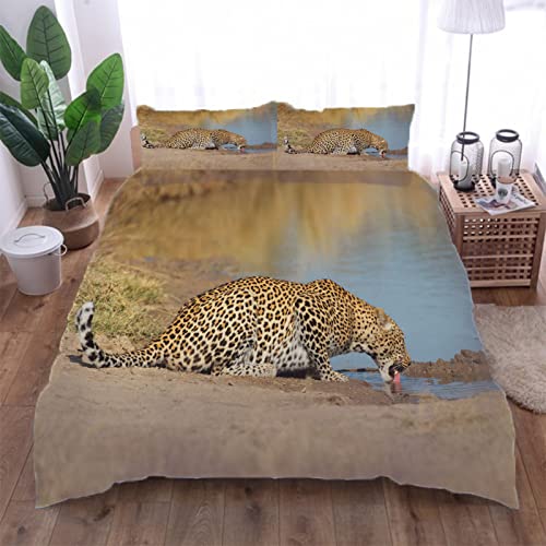 Guepardo Bebiendo Agua Fundas Nordicas Estampados Animal 3 Piezas Funda Nordica 135x200cm con Cremallera y 2 Fundas de Almohada 50 x75cm para Individual