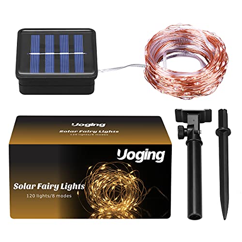 Guirnalda Luces Exterior Solar, Luces Navidad 8 Modos 120 LEDs 12M/39ft Alambre de Cobre Luz Decorativa Impermeable, para Terraza, Fiestas, Bodas, Patio, Jardines, Festivales (Blanco Frio)