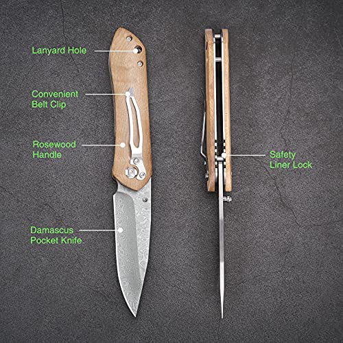 GVDV Cuchillo Plegable de Bolsillo Damasco, Navaja de Bolsillo EDC con Mango de Madera, Navaja Plegable para Acampar, Senderismo, Caza, Regalo para hombres