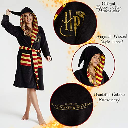 HARRY POTTER Albornoz Hombre Mujer, Bata Hombre Invierno de Forro Polar, Batas de Casa con Capucha, Merchandising Oficial Regalos para Hombre Mujer Talla S-XL (Negro, S)