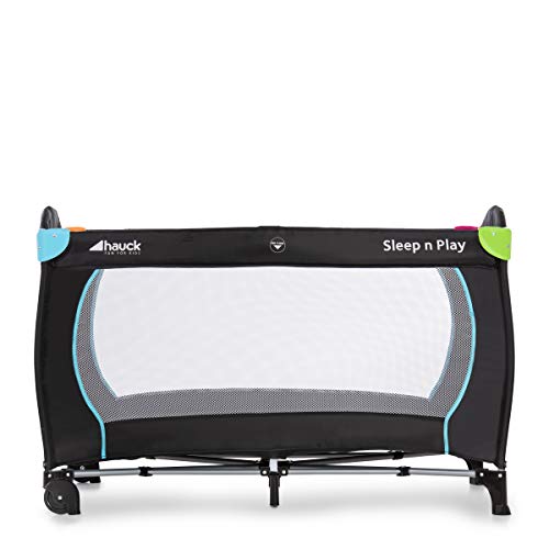 Hauck Cuna de Viaje Sleep N Play Go, para Bebes y Niños de Nacimiento hasta 15 kg, 120 x 60 cm, Ruedas, Plegable, Compacta, Ligera, Bolsa de Transporte, Negro Multicolor