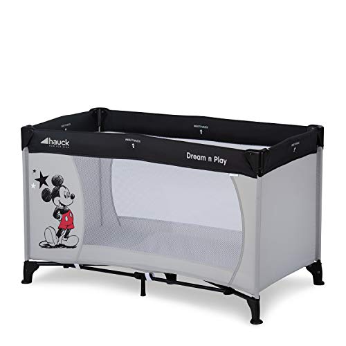 Hauck Disney Cuna de Viaje Dream N Play, para Bebes y Niños de Nacimiento hasta 15 kg, 120 x 60 cm, Plegable, Compacta, Ligera, Incluido Bolsa de Transporte, Mickey Mouse, Gris