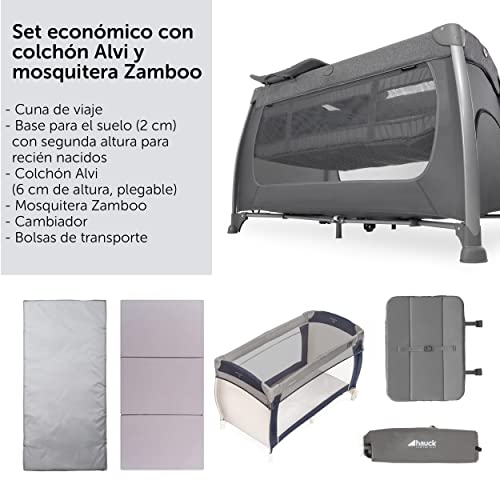 Hauck Sleep n Play Cuna de Viaje con Colchon y Mosquitera incluidos - Parque Cuna de viaje Plegable dos alturas Cambiador con Elevador, Ruedas y Bolsa de transporte - Gris