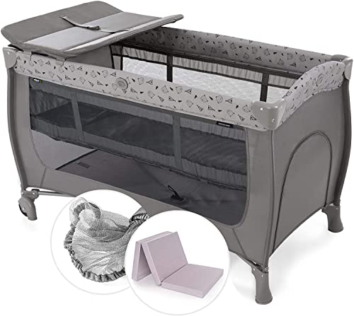 Hauck Sleep n Play Cuna de Viaje con Colchon y Mosquitera incluidos - Parque Cuna de viaje Plegable dos alturas Cambiador con Elevador, Ruedas y Bolsa de transporte - Gris