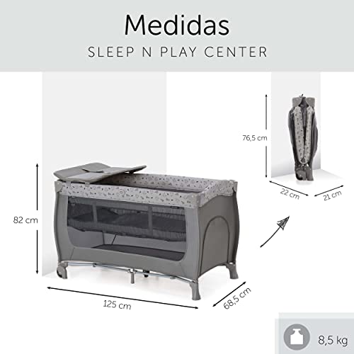 Hauck Sleep n Play Cuna de Viaje con Colchon y Mosquitera incluidos - Parque Cuna de viaje Plegable dos alturas Cambiador con Elevador, Ruedas y Bolsa de transporte - Gris