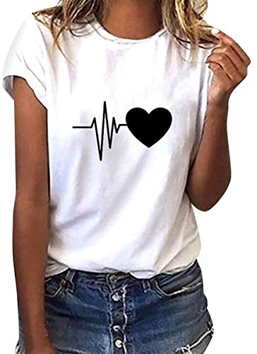 heekpek Camisetas Mujer Verano Manga Corta Casual Camiseta Holgada con Estampado de Amor y Labios T-Shirt Mujer Short Sleeve Shirt, Blanco, S