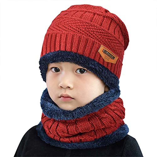 heekpek Niños Sombrero Caliente de Punto y Bufanda Tubular con Forro de Lana, para Niños y Niñas Conjunto de Bufanda Gorro Niños Kids (Rojo Vino)