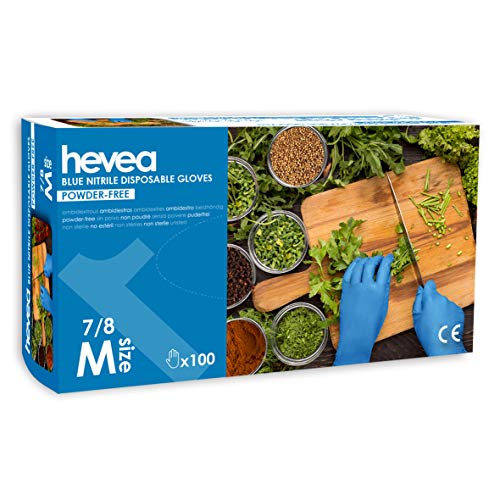 Hevea - Guantes de nitrilo desechables. Sin polvo ni látex. 1 caja de 100 guantes. Talla: M (mediana) Color: azul