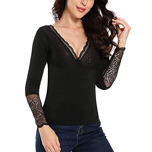 hhh Tops Cálidos Invierno Mujer Ropa Interior Térmica, Forro Polar Térmico Mujer Ropa Interior Manga Larga Cuello Pico Camisa Encaje Sexy-Negro L