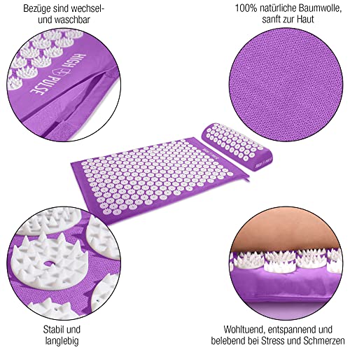 High Pulse Esterilla Acupresion + 5 Anillos + Póster - La esterilla fitness y el cojín de acupresión estimulan la circulación sanguínea y liberan la tensión (Violeta)