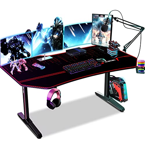 Himimi 63'' Mesa Gaming Desk, Ergonómica Grande PC Gaming Escritorios 160x74x76 cm, Computer Computadora Gamer Pro Tablas con Alfombrilla de ratón, Portavasos y Gancho para Auriculares, Mango de juego