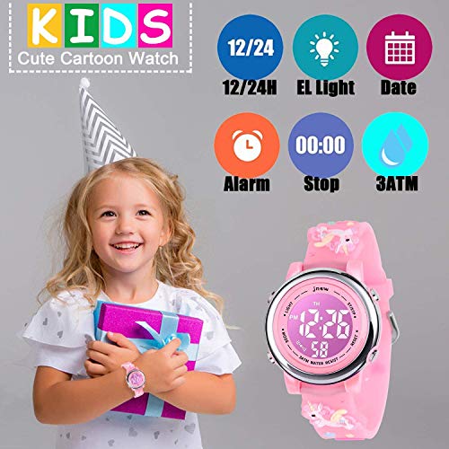 HIMTOR Reloj Digital para Niños Niña, Luz Intermitente LED de 7 Colores Reloj de Pulsera Niña Multifunción, para Niños de 3 a 12 años (Unicornio Rosa)