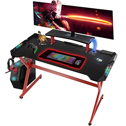 Hlonone Y Ergonomic Gaming Mesa 120 x 60 cm con LED PC Gamer Escritorio con soporte para bebidas y ganchos para auriculares, color rojo