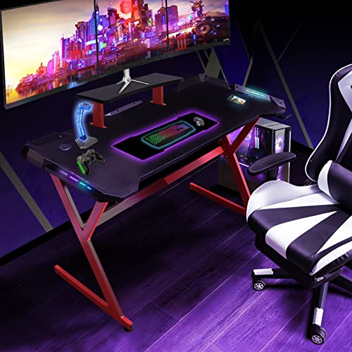 Hlonone Y Ergonomic Gaming Mesa 120 x 60 cm con LED PC Gamer Escritorio con soporte para bebidas y ganchos para auriculares, color rojo