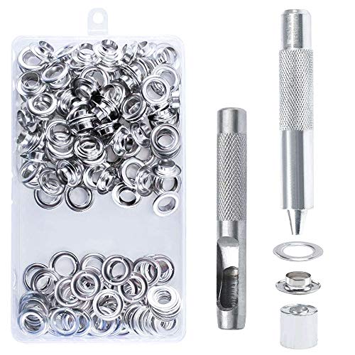 HO2NLE 203pcs Kit Ojetes Metalicos 14mm de Acero Inoxidable Ojales para Lonas con Herramienta de Ojetes Metal y Caja de Almacenamiento Ojetes Plateadas para Toldos Cuero Cortinas Banderas Carpas