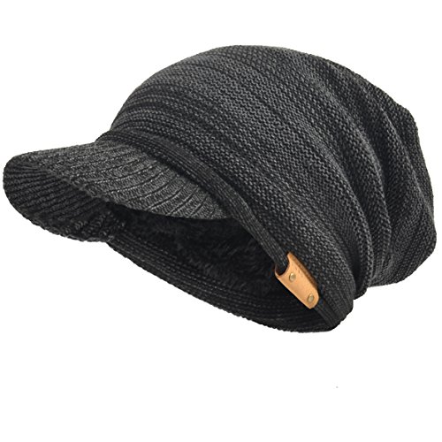 Hombres Mujeres Grueso Lana Forrado Tejer Flexible Gorrita Tejida con Visera (Gris/Negro)