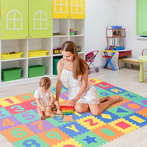 HOMCOM 48 Piezas Alfombra Puzzle para Niños de 31x31x1cm con 26 Letras Números 0 al 9 y 12 Tipos de Fuguras Geométricas Colchoneta Suave 4,32 m² de Espuma EVA