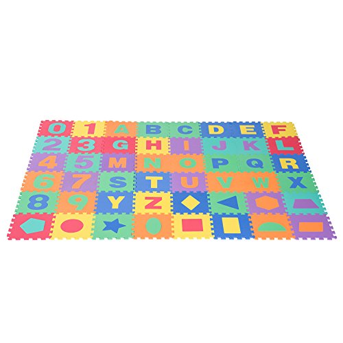 HOMCOM 48 Piezas Alfombra Puzzle para Niños de 31x31x1cm con 26 Letras Números 0 al 9 y 12 Tipos de Fuguras Geométricas Colchoneta Suave 4,32 m² de Espuma EVA