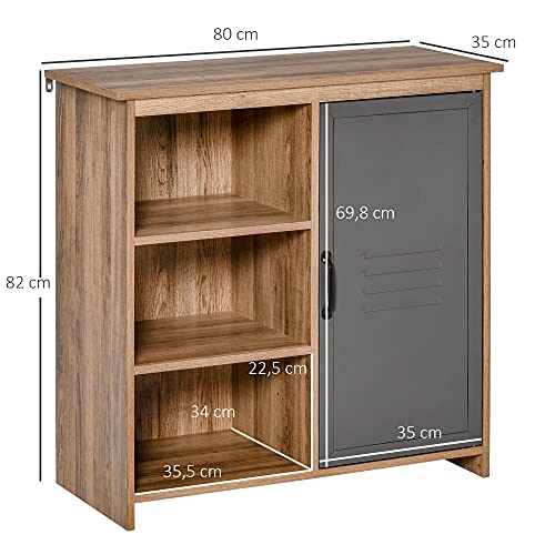 HOMCOM Aparador con Puerta de Metal Mueble Auxiliar con 3 Estantes Abiertos y Armario con Puerta y Balda Ajustable para Salón Cocina 80x35x82 cm Madera Natural