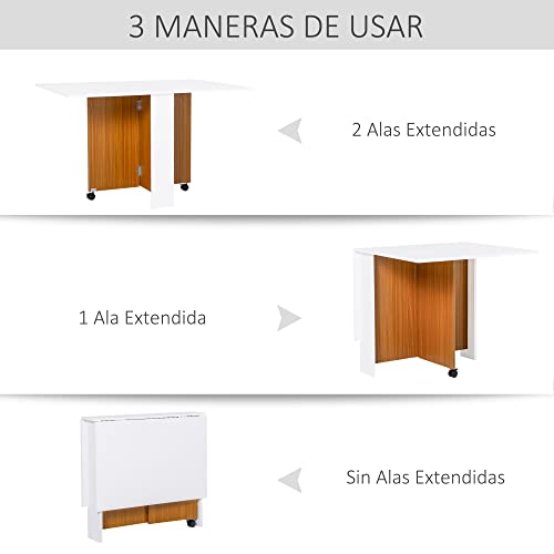 HOMCOM Mesa de Comedor Plegable con Ruedas Estante Multifuncional para Comedor Salón 3 Formas Mesa Auxiliar Mesa Auxiliar Blanco y Madera