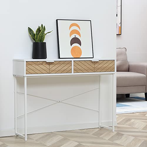 HOMCOM Mesa de Consola 100x30x75 cm Mesa de Entrada con 2 Cajones de Almacenamiento y Marco de Metal Mueble Recibidor Moderno para Pasillo Salón Blanco