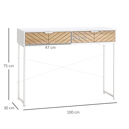 HOMCOM Mesa de Consola 100x30x75 cm Mesa de Entrada con 2 Cajones de Almacenamiento y Marco de Metal Mueble Recibidor Moderno para Pasillo Salón Blanco