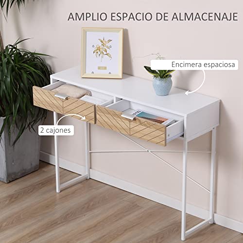 HOMCOM Mesa de Consola 100x30x75 cm Mesa de Entrada con 2 Cajones de Almacenamiento y Marco de Metal Mueble Recibidor Moderno para Pasillo Salón Blanco