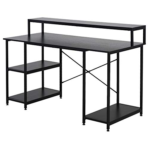 HOMCOM Mesa para Computadora Escritorio de Oficina Estudio con 3 Estantes Tabla Superior Patas con Almohadillas Ajustables Antideslizantes Marco Metálico 140x60x93 cm Negro