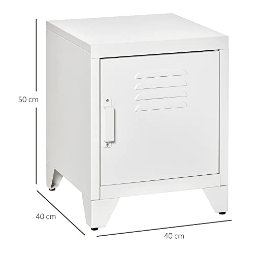 HOMCOM Mesilla de Noche de Metal para Dormitorio Mesita Auxiliar con 1 Puerta y Estante Interior Ajustable en 5 Posiciones para Salón Oficina 40x40x50 cm Blanco