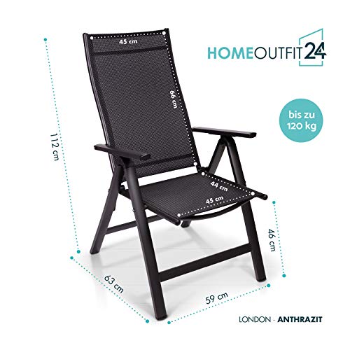 Homeoutfit24 London - Sillas de jardín con respaldo alto, Hecho en Europa, Plegable, Función multiposición, Palanca de seguridad, Hasta 120 kg, Aluminio, 4 unidades, Negro