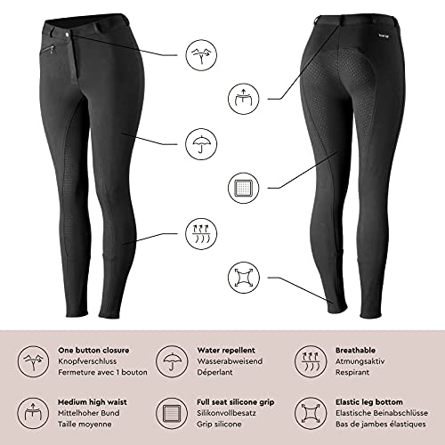 HORZE Pantalones de Montar Active para Mujer con Asiento Completo de Silicona, Bolsillos con Cremallera y bajo elástico, Todas Las Tallas, Negro, 40